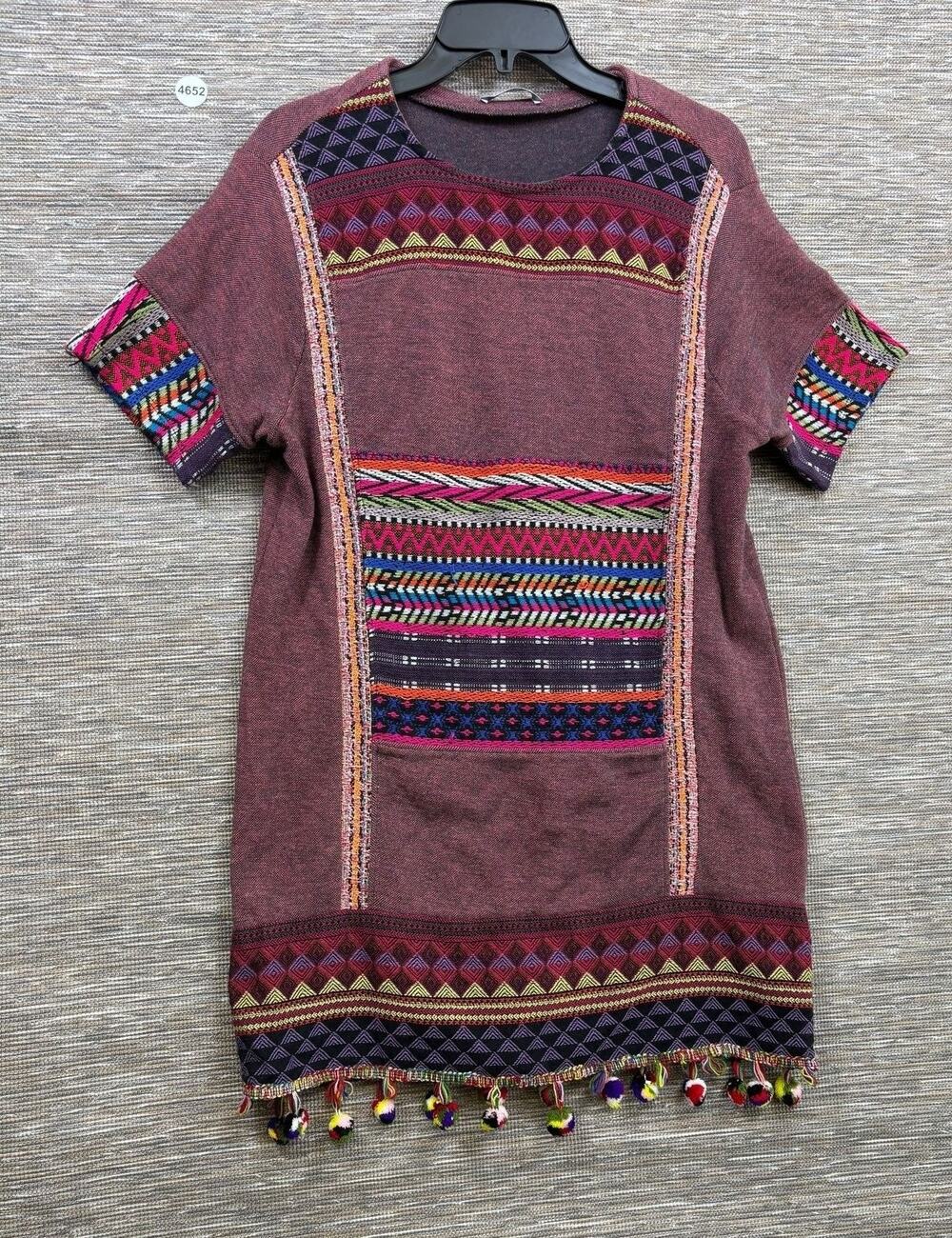 Zara Dress Womens Size S Multicolor Geometric Knit Shift Tassel Hem Boho Short